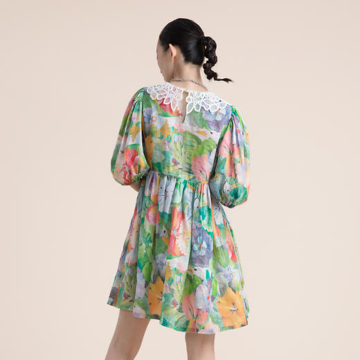 谜底连衣裙2023夏季新款苎麻透气高腰中裙蝴蝶领花裙子235ML6047 商品图2