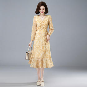 法式复古，新款长袖中长款碎花裙修身显瘦设计感小众连衣裙女春HR-WM89079