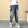 ZM-牛仔裤复古卡通女孩贴布刺绣牛仔裤女宽松显瘦大口袋破洞拼接九分哈伦夏 商品缩略图1