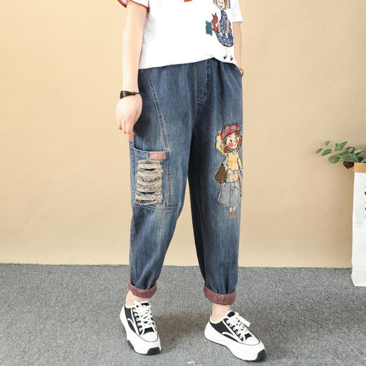 ZM-牛仔裤复古卡通女孩贴布刺绣牛仔裤女宽松显瘦大口袋破洞拼接九分哈伦夏 商品图1
