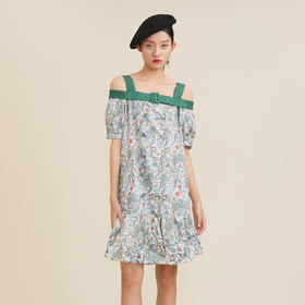 谜底露肩吊带裙2023夏季新款复古碎花纯棉短袖连衣裙女235ML6051
