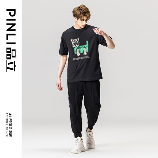 PINLI品立2023夏季新款男士落肩贴布烫钻圆领短袖T恤BG231111059 商品图1