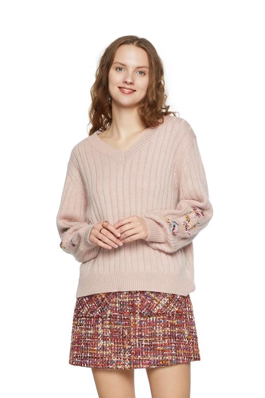 EVA OUXIU伊华欧秀 V领刺绣粉色毛衣 5746 商品图0