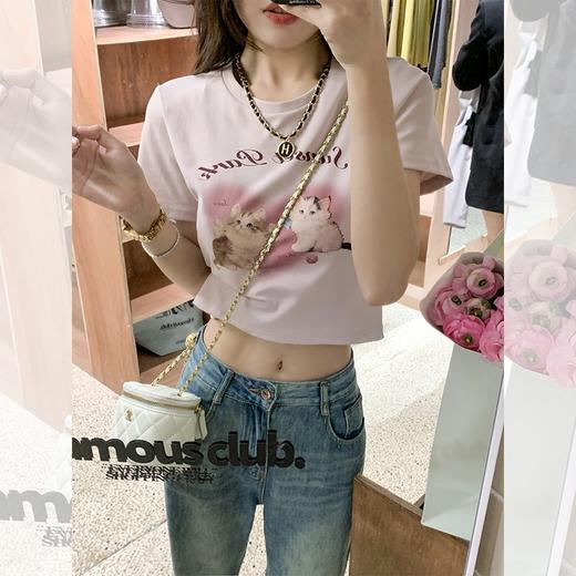 正肩短袖t恤女夏季新款粉色别致小个子短款高级感韩系上衣 商品图0