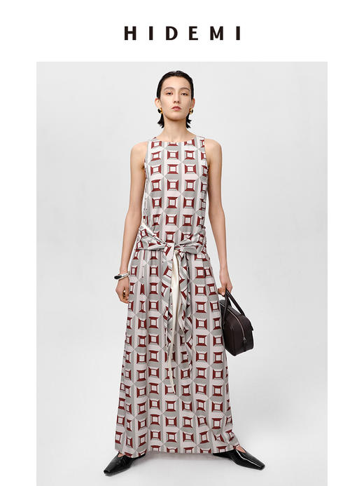 HIDEMI “我们做印花”经典几何设计感廓形印花缎面连衣裙 米绿 商品图11