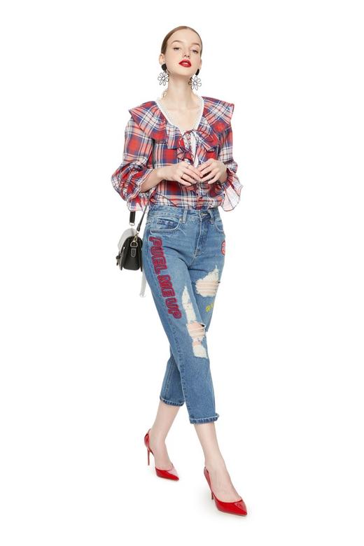 SIEGO 木耳边V领格纹上衣 5203 商品图3