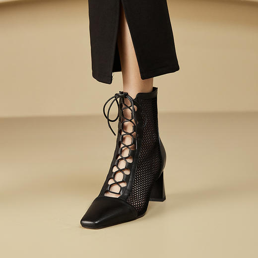 镂空绑带性感网纱罗马粗跟短靴CZ-C387 商品图1