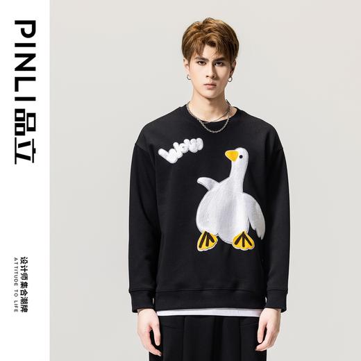PINLI品立春季新款男士贴布绣圆领套头休闲卫衣潮BG231109028 商品图0