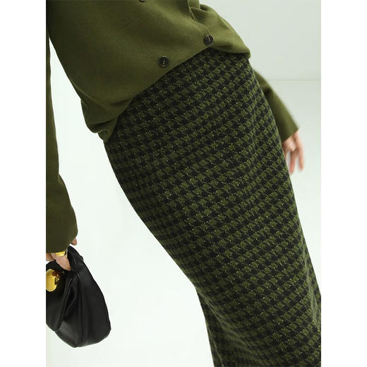 COCOBELLA亮丝千鸟格羊毛半身裙女前开叉气质毛呢哲学裙HS87 商品图1