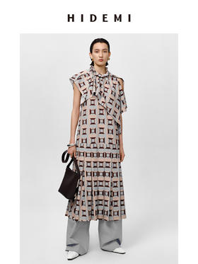 HIDEMI “我们做印花”经典几何设计感廓形印花缎面分体可拆卸斗篷式连衣裙 黄蓝