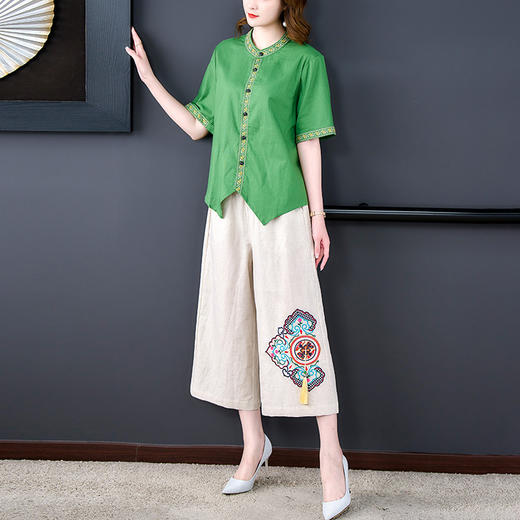 民族风复古显瘦刺绣衬衫阔腿裤棉麻套装AHM-yslg8671 商品图2