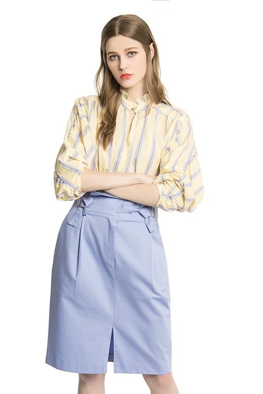 AVA 嫩黄色褶裥立领衬衫 1689 商品图0