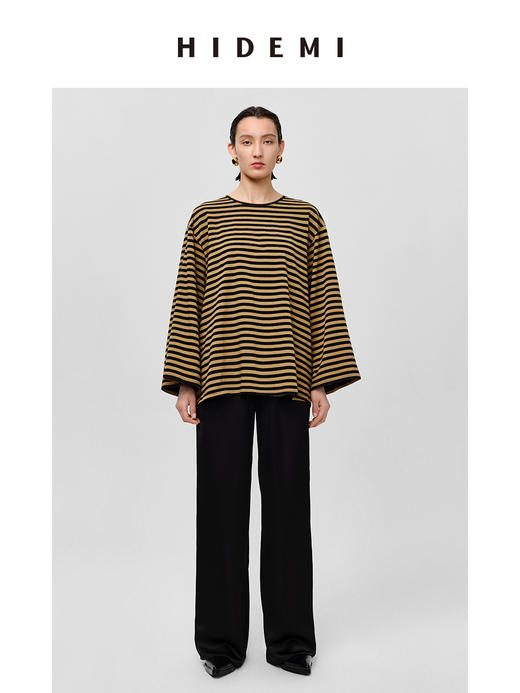 HIDEMI 条纹色织棉喇叭袖廓形圆领长袖针织上衣 蓝白/黑咖 商品图5