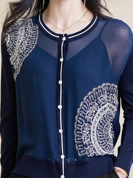 剩S/M/L 米思阳2024秋季新款设计感拼接透视薄款上衣花纹长袖针织衫女0990 商品图4