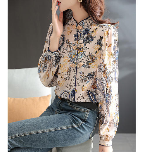 复古优雅中式盘扣设计感小众上衣印花衬衫AHM-dtyx2039 商品图3