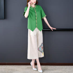 民族风复古显瘦刺绣衬衫阔腿裤棉麻套装AHM-yslg8671