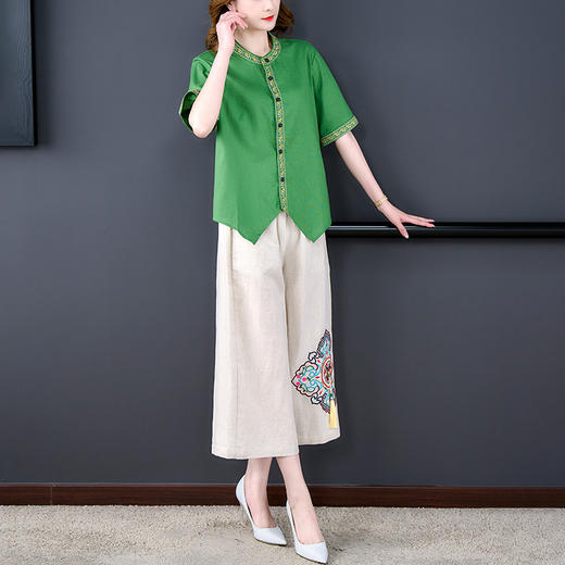 民族风复古显瘦刺绣衬衫阔腿裤棉麻套装AHM-yslg8671 商品图0