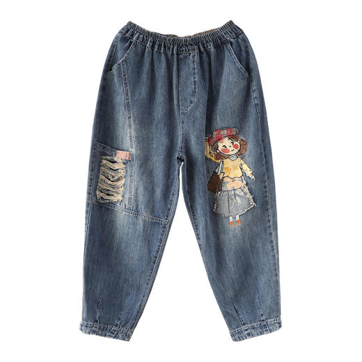 ZM-牛仔裤复古卡通女孩贴布刺绣牛仔裤女宽松显瘦大口袋破洞拼接九分哈伦夏 商品图4