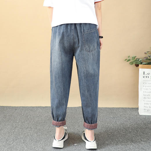 ZM-牛仔裤复古卡通女孩贴布刺绣牛仔裤女宽松显瘦大口袋破洞拼接九分哈伦夏 商品图3