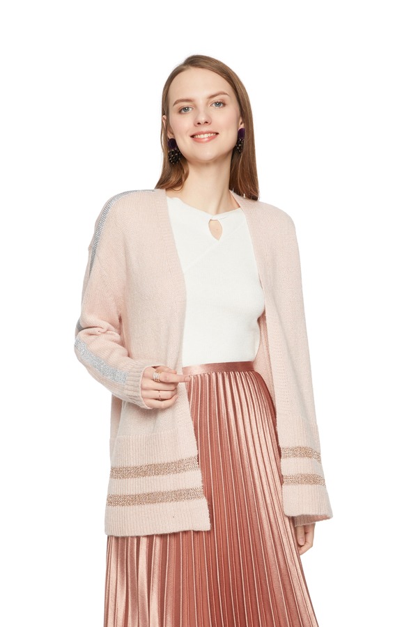 OCTAVIA 条纹饰粉色毛衣开衫 5626