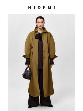 HIDEMI 军绿色斜纹廓形袖极简设计感纽扣腰带式长款风衣外套