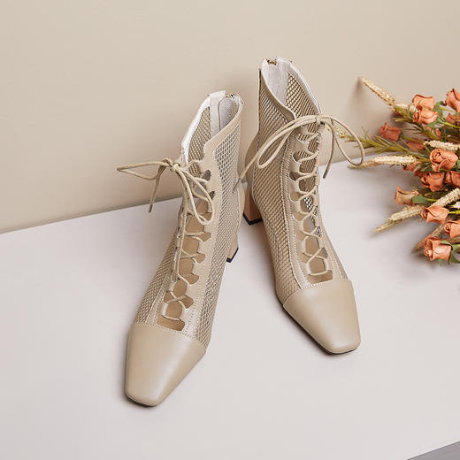 镂空绑带性感网纱罗马粗跟短靴CZ-C387 商品图6