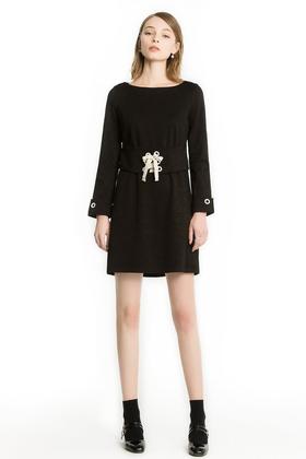 LILY 黑色圆领大腰封连衣裙 1229