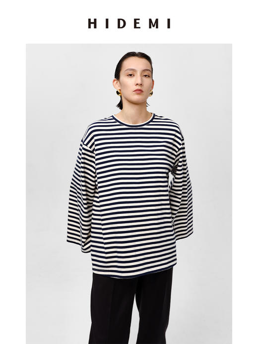 HIDEMI 条纹色织棉喇叭袖廓形圆领长袖针织上衣 蓝白/黑咖 商品图1