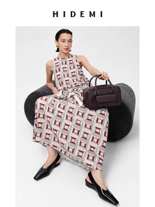 HIDEMI “我们做印花”经典几何设计感廓形印花缎面连衣裙 米绿 商品图3