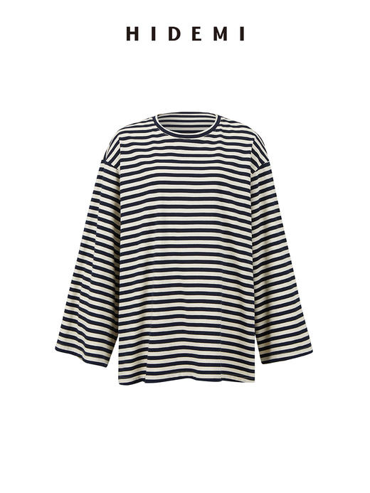 HIDEMI 条纹色织棉喇叭袖廓形圆领长袖针织上衣 蓝白/黑咖 商品图11