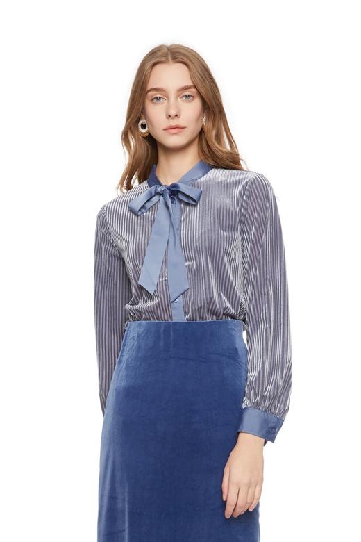 OSA欧莎 灰蓝天鹅绒系带衬衣 5129 商品图0