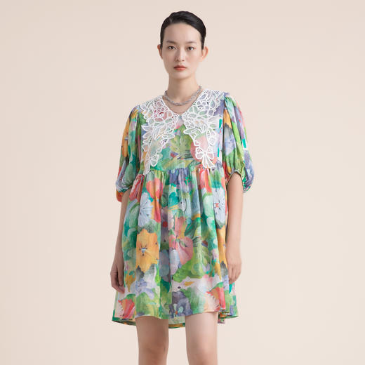 谜底连衣裙2023夏季新款苎麻透气高腰中裙蝴蝶领花裙子235ML6047 商品图0