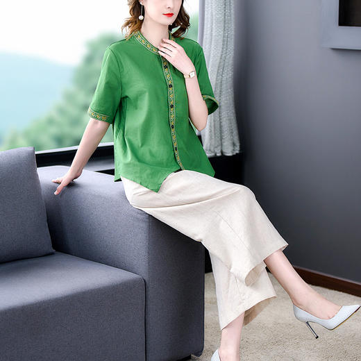 民族风复古显瘦刺绣衬衫阔腿裤棉麻套装AHM-yslg8671 商品图1