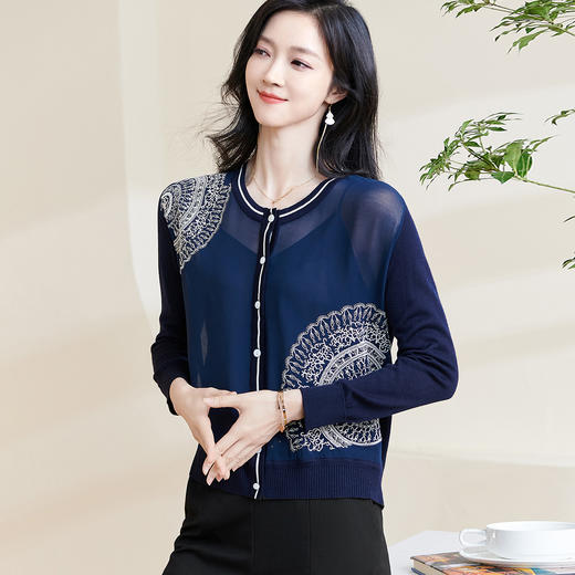 剩S/M/L 米思阳2024秋季新款设计感拼接透视薄款上衣花纹长袖针织衫女0990 商品图0