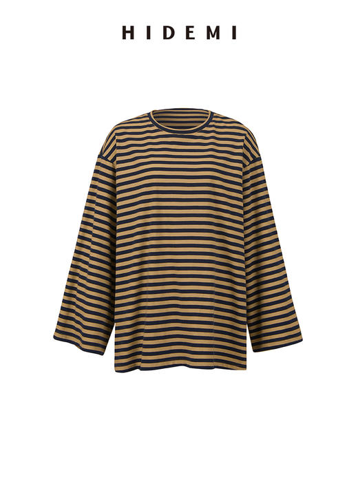 HIDEMI 条纹色织棉喇叭袖廓形圆领长袖针织上衣 蓝白/黑咖 商品图12