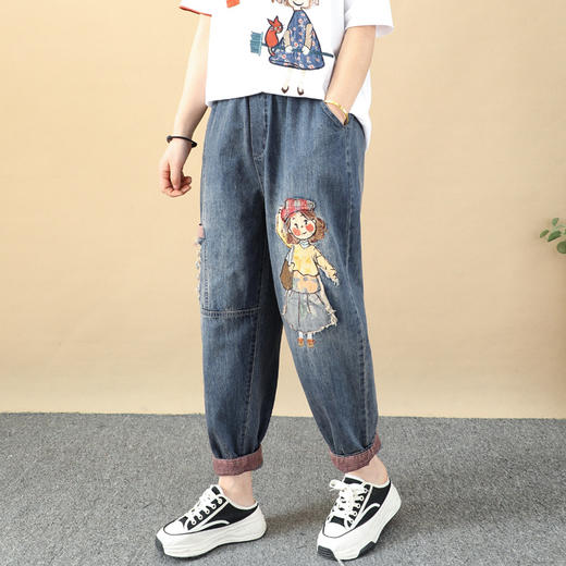 ZM-牛仔裤复古卡通女孩贴布刺绣牛仔裤女宽松显瘦大口袋破洞拼接九分哈伦夏 商品图2