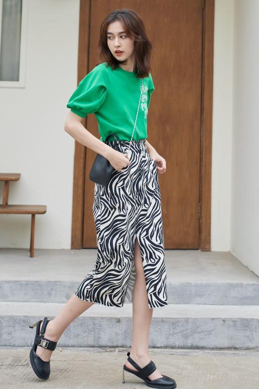 斑马纹开衩牛仔直身长裙 商品图1