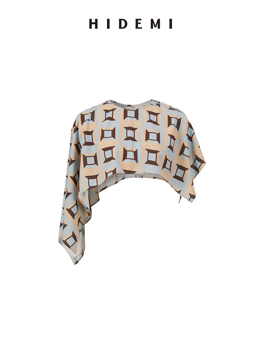 HIDEMI “我们做印花”经典几何设计感廓形印花缎面分体可拆卸斗篷式连衣裙 黄蓝 商品图9