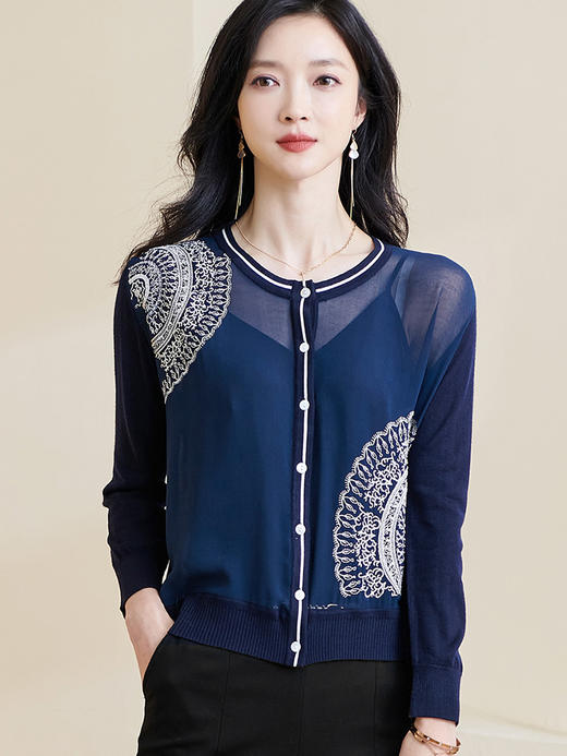 剩S/M/L 米思阳2024秋季新款设计感拼接透视薄款上衣花纹长袖针织衫女0990 商品图1