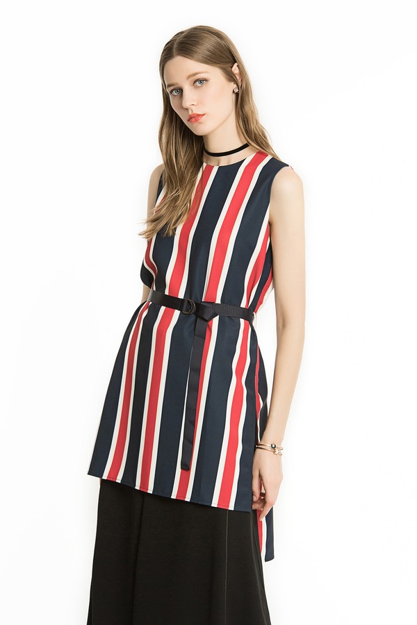 EMC亿美丞 拼色条纹长版缎面背心 1685