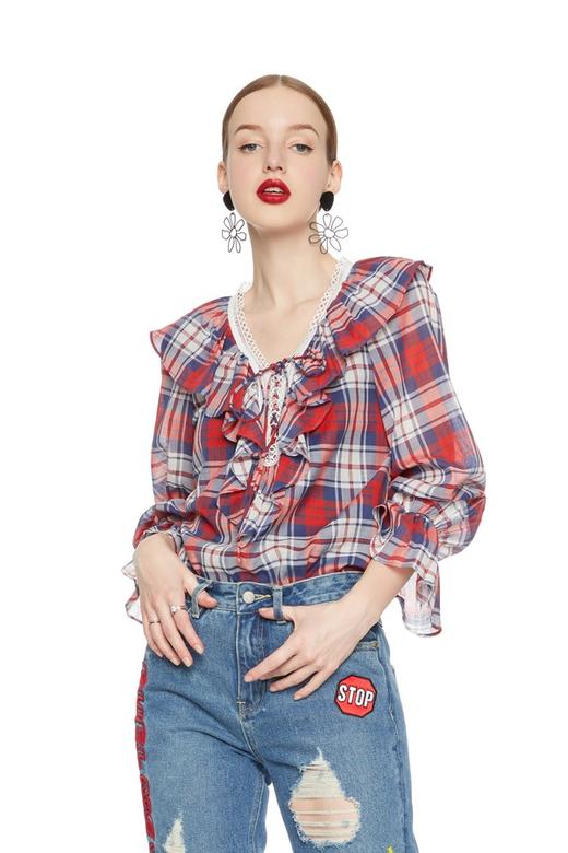 SIEGO 木耳边V领格纹上衣 5203 商品图0