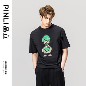 PINLI品立2023夏季新款男士圆领贴布烫钻短袖T恤上衣BG231111056