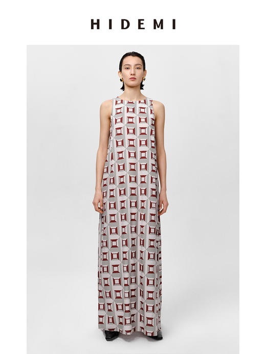 HIDEMI “我们做印花”经典几何设计感廓形印花缎面连衣裙 米绿 商品图0