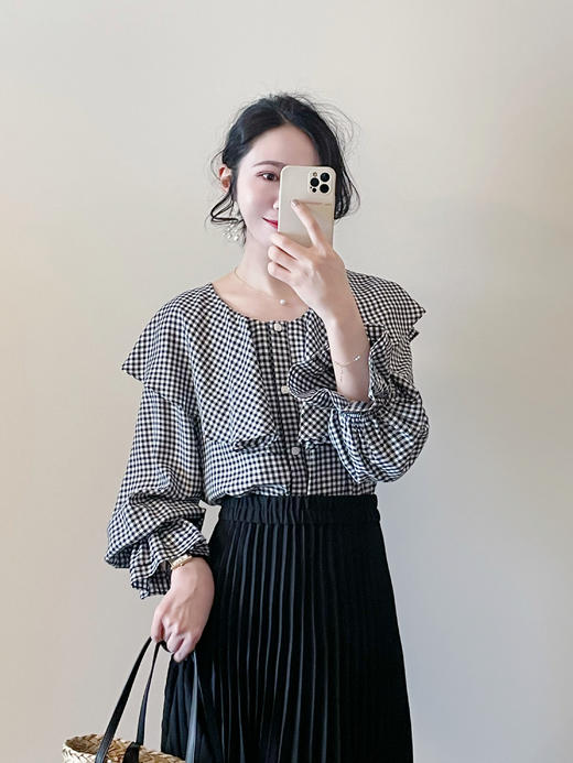 时髦法式氛围感 黑白格天丝衬衫 大荷叶领设计 商品图6
