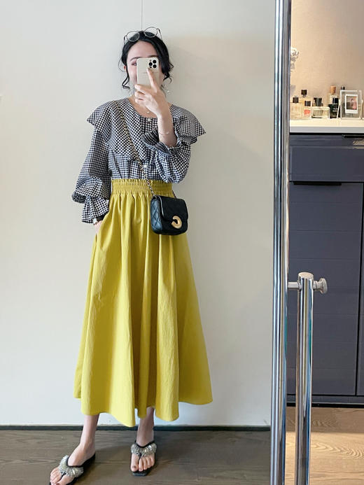 时髦法式氛围感 黑白格天丝衬衫 大荷叶领设计 商品图5