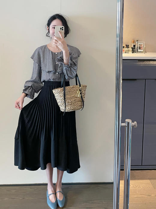 时髦法式氛围感 黑白格天丝衬衫 大荷叶领设计 商品图7