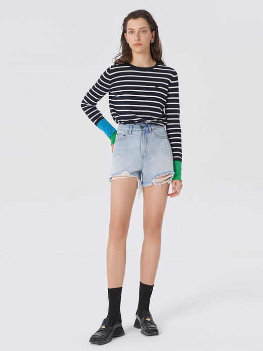 Self Who2023夏新款宽松打底衫醋酸棉拼色袖子经典条纹长袖T恤女 商品图1