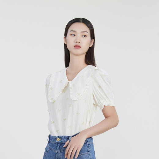 谜底娃娃领提花上衣女2023春季新款小清新百搭衬衫短袖231MS0080 商品图1