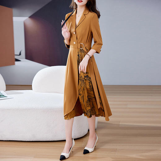 时尚简约中长款通勤半褶皱拼接下摆修身连衣裙HR-WL6079 商品图1