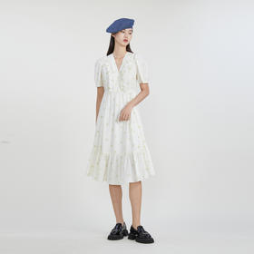 谜底V领提花中长款连衣裙2023春新款小清新荷叶边裙短袖231ML0134